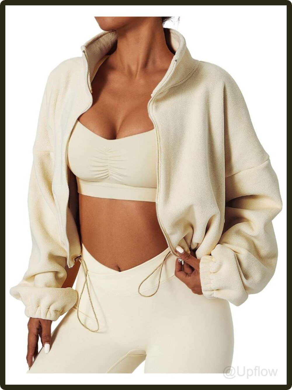 Women's Full Zip Fleece Crop Jacket Long Sleeve Stand Collar Sherpa Winter Coat